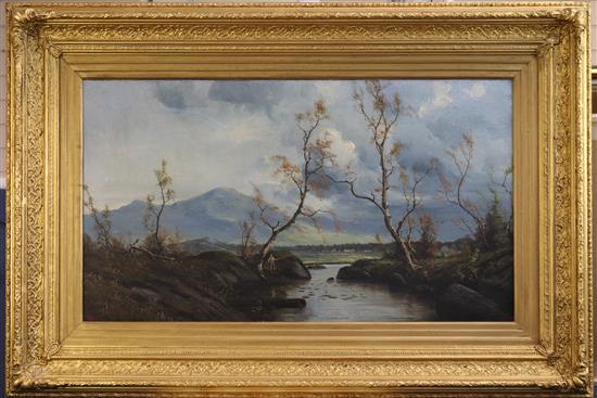 Nils Hans Christiansen (Danish, 1850-1922) Open landscape with boy angler 18 x 32in.